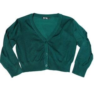 Cropped Cardigan Sweater Large Emerald Hunter Green Button Front V Neck Retro